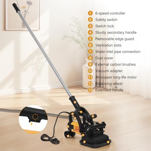 4-Head Concrete Grinder Machine with Handle & Auxiliary Wheels，3800W Floor Grinder For Concrete with 6-Speed Control & Dust Collection Cover, Floor Grinder for Grinding Concrete Deck Marble Granite