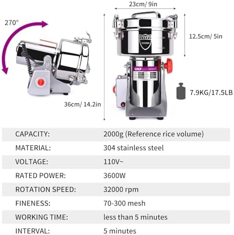 2000g Grain Mill, 304 Stainless Steel Spice Grinder, 3600W High-speed Commercial Flour Mill, Superfine Flour Mill Grinder for Home, Grain Mill for Flour