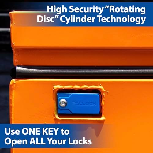 PACLOCK's 10-Series Universal Jobsite Box Lock, High Security Rotating Disc, Manufacturer-Controlled Key Assigning, Exclusive Key Number, Keyed Differently w/ 1 Key, Blue