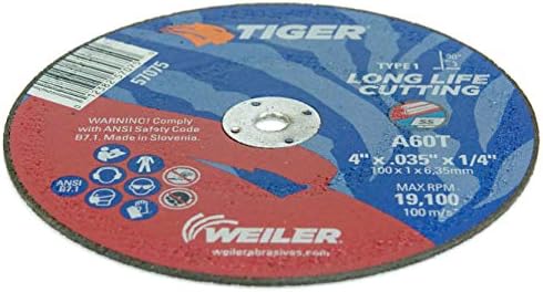 Weiler 57075 4-Inch Cutting Wheel, Tiger AO Steel/Metal Long Life, Performance Cutting, 0.035" A60T Type 1 1/4" Arbor (Pack of 25)