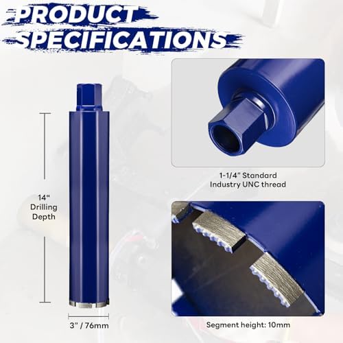 3 Inch Core Drill Bit for Concrete with Rebar - 14" Depth, Wet Use, 1-1/4"-7 UNC, Upgraded Welded Teeth for Brick, Block, Stone, Masonry, Stucco, Alsphalt - Great for DIY & Pros (76mm)