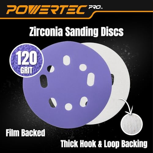 POWERTEC PRO 100PK, 5 Inch Sanding Discs Hook and Loop, 120 Grit, Zirconia Orbital Sander Sandpaper for 5 & 8 Hole Random Orbital Sanders - Automotive, Paint, Metal, Woodworking (45312Z-50-P2)
