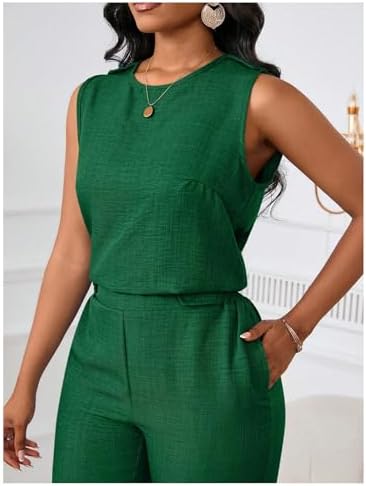 Floerns Women's 2 Piece Sets Dressy Outfits Bussiness casual Crew Neck Sleeveless Blouse and Elegant Pants Set