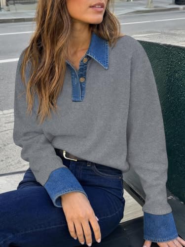 Saodimallsu Womens Denim Patchwork Sweaters V Neck Polo Pullover Tops