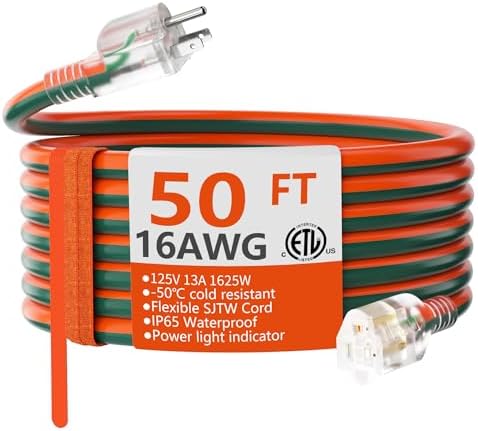 HUANCHAIN 16 Gauge 50 ft Outdoor Extension Cord with Lighted End, Flexible Cold-Resistant 3 Prong Electric Cord Waterproof Outside, 13Amp 1625W 16AWG SJTW, Orange Green, ETL