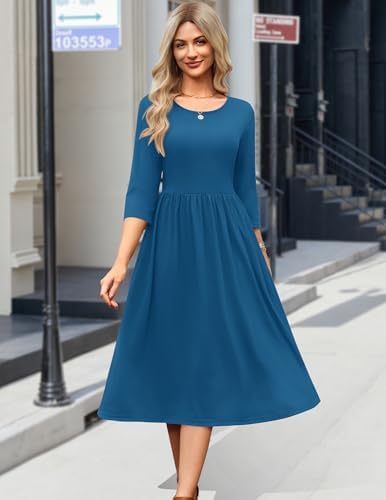 Zeagoo 3/4 Sleeve Women's Dress Casual Aline Summer Fall Midi Long Dresses