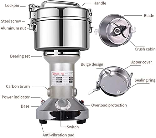 Grain Mill Grinder 750g High Speed Electric Stainless Steel Grinder Cereals Corn Flour Pulverizer Powder Machine for Dry Spice Herbs Grains Coffee Rice Pepper