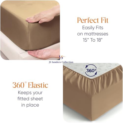 JS Sanders Collection 600TC Flex Top Queen Sheets for Sleep Number Bed - 100% Cotton 4 Pcs Top Split Queen Sheets for Adjustable Bed Queen 32 Inch Down Taupe -18 Inch Deep