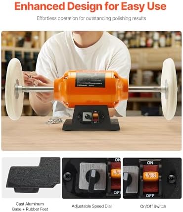 VEVOR 1/2HP Bench Buffer Polisher, 8-inch Bench Polishing Buffing Machine, 1725RPM/3450RPM Dual Speed Benchtop Polisher with 2PCS Cotton Wheels & Cast Iron Base for Metal, Jewelry, Wood Polishing