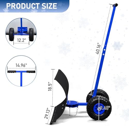 29" Push Snow Shovel with Wheels for Driveway, Heavy Duty Adjustable Angle Wheeled Snow Pusher Shovel, Metal Rolling Snow Pusher, Snow Plow Shovel on Wheels for Snow Removable, 29"x18" Blade