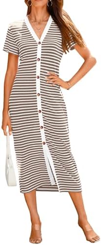 BTFBM Women Casual Summer Dresses Short Sleeve Striped Midi Dresses