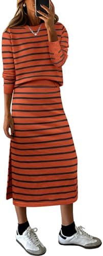 ANRABESS Women 2 Piece Striped Sweater Skirt Set