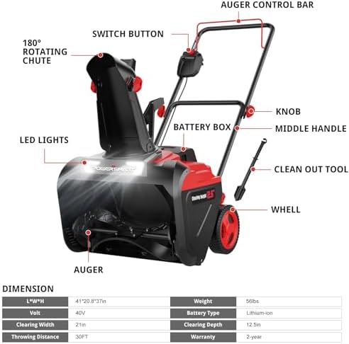 PowerSmart 40V MAX Cordless Snow Blower 21-Inch with 4.0Ah Battery and Charger (HB2421A)