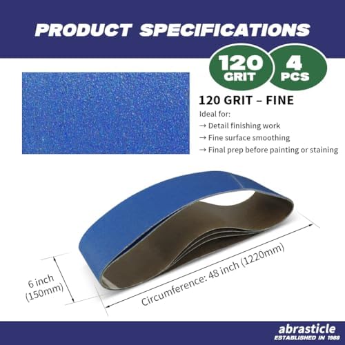4 Pack 6 x 48 Inch Zirconia Sanding Belts, 120 Grit Heavy Duty Belt Sander Paper, Fits Belt Sander & Bench Sander for Woodworking, Metal Polishing and Precision Finishing