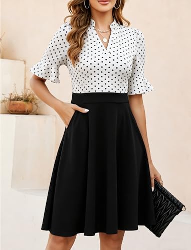 Mokayee Womens Summer V Neck Ruffle Short Sleeve Fit and Flare Knee Length Church Wedding Guest Dresses with Pockets