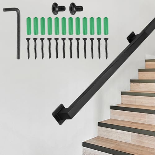 DTGN Stair Railing Indoor 5FT - Square Tube Handrail Metal Staircase Wall Mounted Handrails for Home Indoor Stairs Loft - Non-Slip W/Screws & Expansion Tube & Hex Wrench - Black