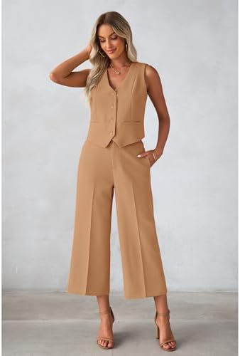 luvamia Vest Pant Suits for Women Dressy Wide Leg 2 Piece Sets Work Outfits