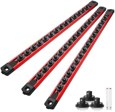 Reniteco Magnetic Socket Organizer Set, 3-Pack 1/4” Socket Rails | 42 Clips, Heavy-Duty Aluminum Alloy Rails, Removable 360° Swivel ABS Clips, Magnetic Base, Tool Box Drawer or Wall Mount