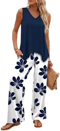 WIHOLL Two Piece Sets for Women Dressy Lounge Sets Summer Outfits Cruise Travel Beach Vacation Casual Wide Leg Pants Set