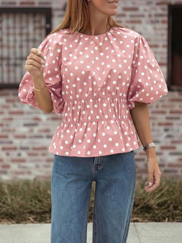 Cicy Bell Women Polka Dot Peplum Blouse Round Neck Puff Sleeve Summer Top
