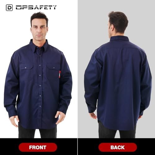 FR Shirt 7oz Fire Resistant Shirts Men's,CAT2 Welding Shirt 100% Cotton Flame Resistant Shirts Navy (Small)