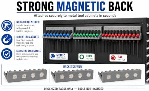 Magnetic T-Handle Hex Key Organizer Rack - Wrench Organizer for Garage, Tool Cart, or Workshop – Compatible with Toolboxes and Storage Systems - sae/metric/torx (Metric, SAE, and Torx)
