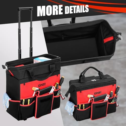 DNA MOTORING 18in Canvas Rolling Tool Bag, Telescoping Handle 600D Large Roller Tool Bag, Tools Bag Organizer for Electrician, Carpentry, HVAC, TOOLS-00640