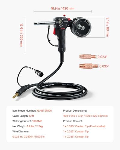 VEVOR 100Amp Spool Gun with 10FT Cable, Compatible with Hobart Handler 210 MVP Mig Welders, Suitable for 0.023", 0.030" and 0.035" Flux Core/Solid/Aluminum Welding Wires