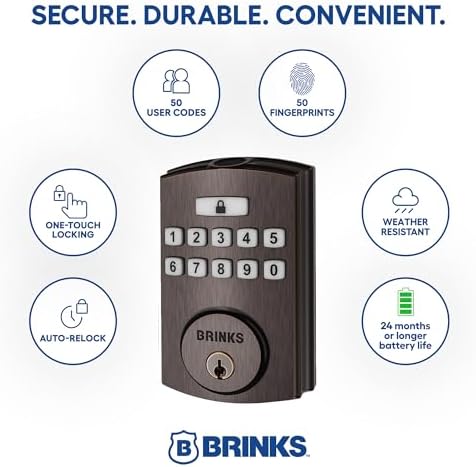 Brinks Fingerprint Door Lock, Keyless Entry Biometric Lock, Electronic Keypad Fingerprint Deadbolt with Auto-Locking, Front Door Lock and Interior Knob Set, Easy Installation, Tuscan Bronze