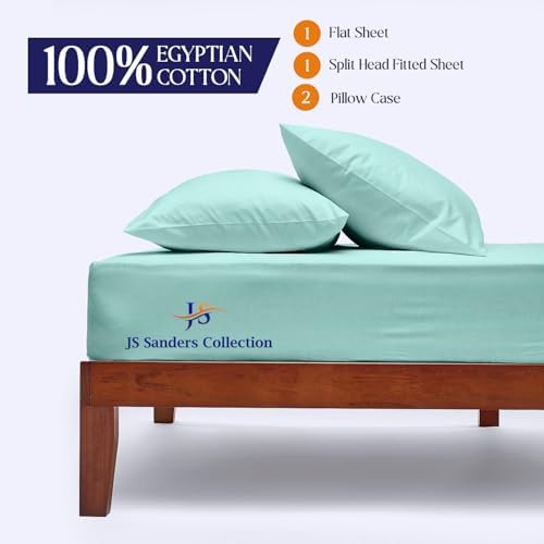JS Sanders Collection 600TC Flex Top Queen Sheets for Sleep Number Bed - 100% Cotton 4 Pcs Top Split Queen Sheets for Adjustable Bed Queen 36 Inch Down Aqua Blue -18 Inch Deep