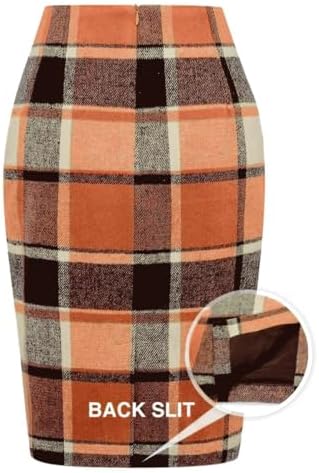 IDEALSANXUN Plaid Skirts for Women Fall Winter Knee Length Pencil Wool Skirt with Slit