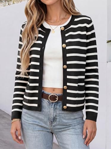 ANRABESS Women's Button Down Cropped Striped Cardigan Sweaters