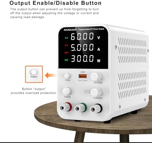 DC Power Supply Variable, Bench Power Supply with Encoder Adjustment Knob, Output Enable/Disable Button, Adjustable Power Supplies with USB Quick-Charge, Short Circuit Alam (60V 5A White)