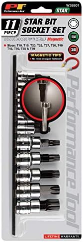 Performance Tool W38801 11-Piece Magnetic Star Bit Socket Set | Magnetic tips hold fasteners. S2 steel star bit set for automotive repairs. T10 to T60. Includes clip rail