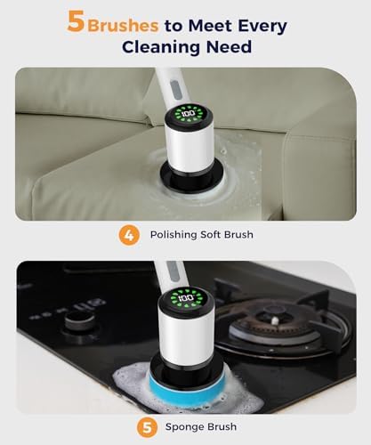 Cordless Electric Spin Scrubber with 5 Brush Heads, White-te1