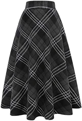 IDEALSANXUN Womens Plaid Wool Skirts Elastic Waist A-Line Pleated Tartan Long Skirts