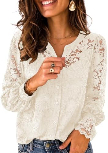 Zeagoo Long Sleeve Shirts for Women Lace Top Button Up Blouse Dressy Casual
