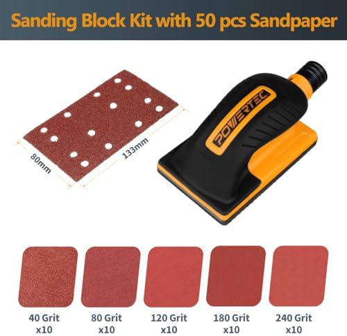 POWERTEC Vacuum Sanding Block w/ 1" OD Dust Collection Port & 10 Ft. Flexible Hose Kit, Assorted Hook and Loop Sandpapers (40/180/120/180/240 Grit) for Woodworking, Dust-Free Sanding Tool (72221)