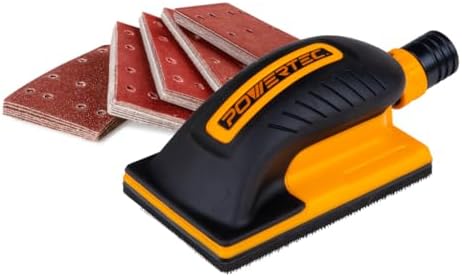 POWERTEC Vacuum Sanding Block Set w/ 1" OD Dust Extraction, Dust-Free Hook and Loop Sandpaper (40, 80, 120, 180, 240 Grit, 10 Each) for Woodworking, Sanding Tool for Auto Body, Paint, Drywall (71514V)