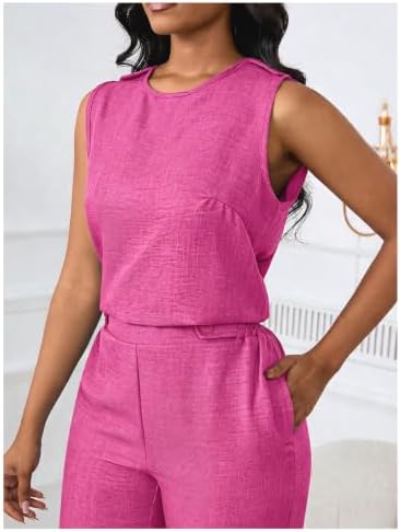 Floerns Women's 2 Piece Sets Dressy Outfits Bussiness casual Crew Neck Sleeveless Blouse and Elegant Pants Set