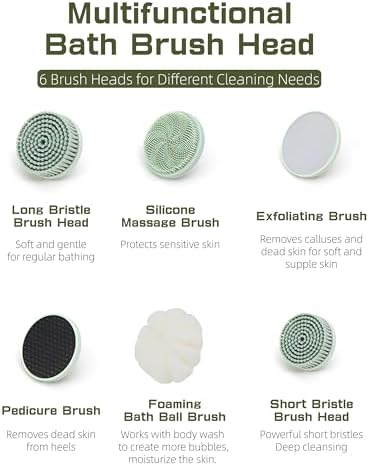 Electric Body Brush Back Scrubber for Shower, IPX6 Water Proof Bath Brush with Long Handle, 6 Heads 3 Speeds Rechargeable Electric Spin Scrubber for Cleanse, Massage, Exfoliate