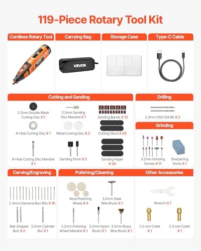 VEVOR 119-Piece Cordless Rotary Tool Kit, DC12V Portable Mini Power Rotary Tool, 28-Level Speed 5000-32000 RPM Multi-Purpose DIY Tools for Engraving, Sanding, Polishing, Carving, Cutting, DIY Crafts