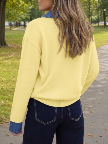 Saodimallsu Womens Denim Patchwork Sweaters V Neck Polo Pullover Tops