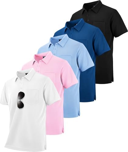 ZITY 5 Pack Polo Shirts for Men with Pocket Dry Quickly Short Sleeve Athletic Outdoor Work Collared Shirts