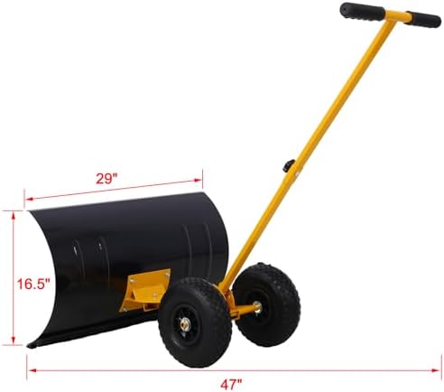 Campfun Snow Shovel with Wheels, 29" Heavy Duty Snow Pusher, Cushioned Adjustable Angle Handle Snow Removal Tool, Snow Plow with Anti-Skid Rubber Wheels for Driveway, Yard, Patio Snow Removal, Yellow