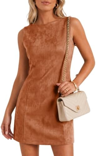 Wenrine Womens Suede Mini Dress Fall A Line Zipper Slim Party Dresses