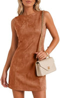 Wenrine Womens Suede Mini Dress Fall A Line Zipper Slim Party Dresses