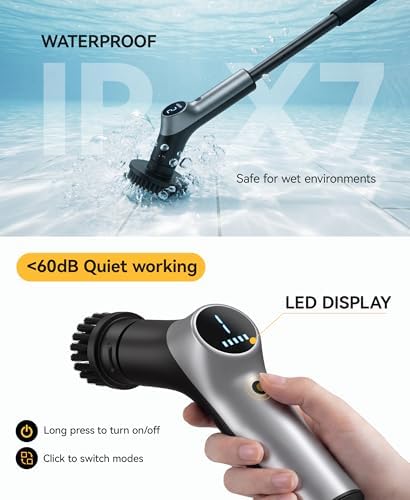 Electric Spin Scrubber for Bathroom,IPX7 Cordless Cleaning Brush with 6 Replaceable Brush Heads,120 Mins Runtime Power Shower Scrubber with Adjustable Extension Handle and Durable Brush Head for Tub