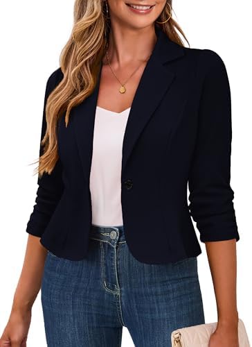 Traleubie Women's Cropped Blazer 3/4 Ruched Sleeve Business Casual