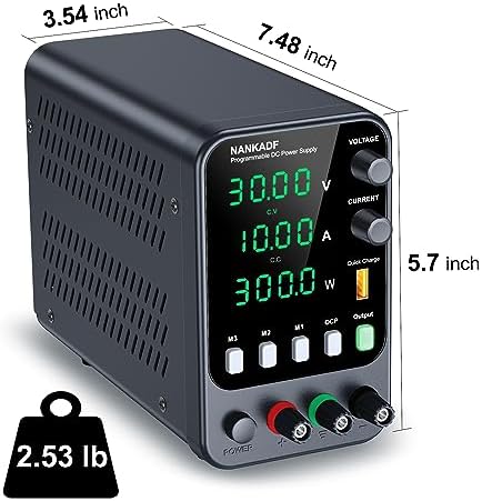 DC Power Supply, 30V 10A Bench Power Supply with Memory Storage & Recall，Variable Power Suppy with Encoder Adjustment Knob, 5V/3.6A USB Quick-Charge & OCP Short Circuit Alarm